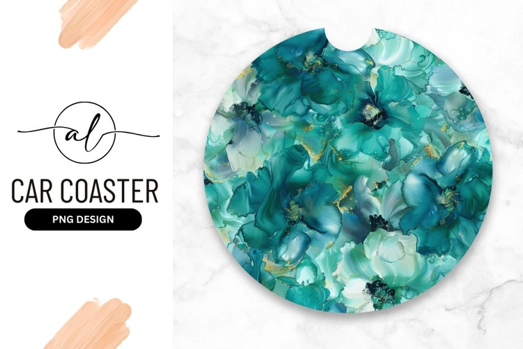 Round car coaster with abstract teal marble design