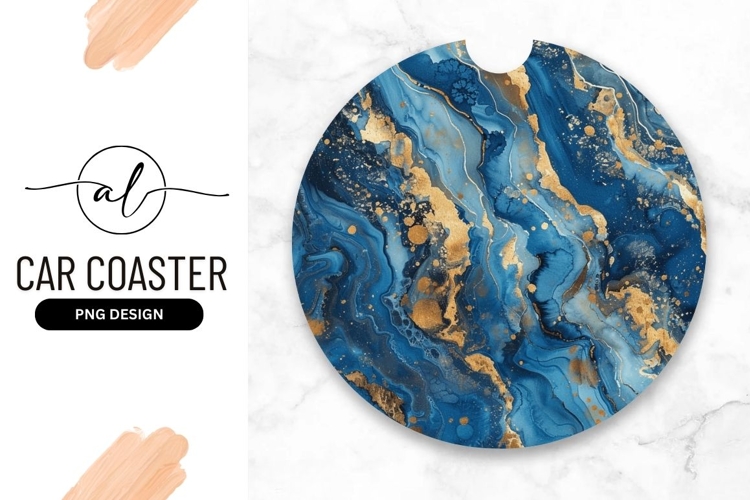 Round car coaster with blue marble design