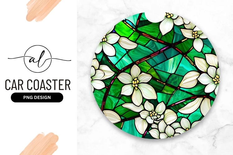 Floral Stained Glass Round Car Coaster Png