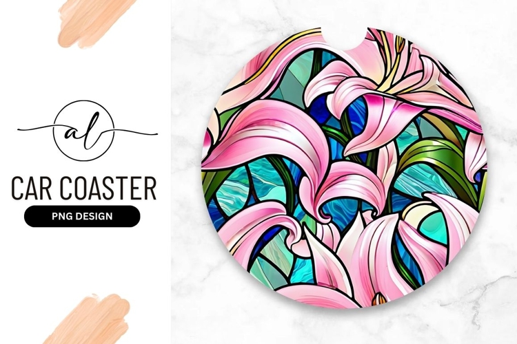 Pink Lilies Stained Glass Style Round Png example image 1
