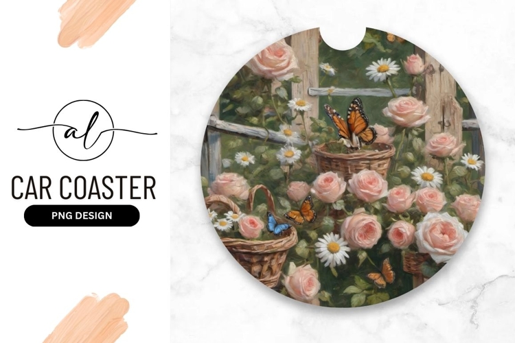 Butterflies In Garden Roses Round Car Coaster