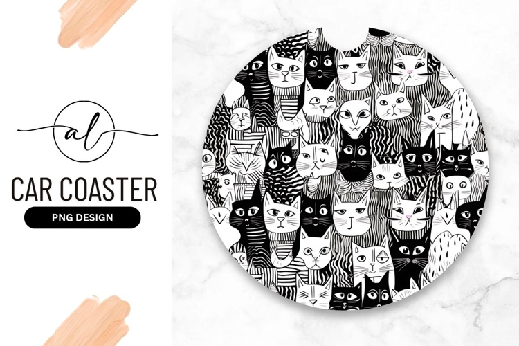 Black and White Cat Faces Illustration in a Circle