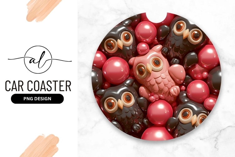 Whimsical Owl Composition with Pink and Black Spheres