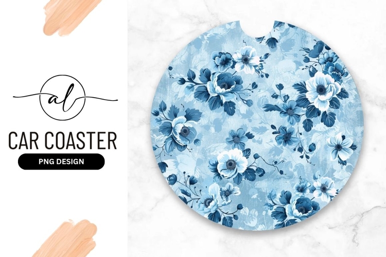 Blue Floral Pattern Round Car Coaster Png