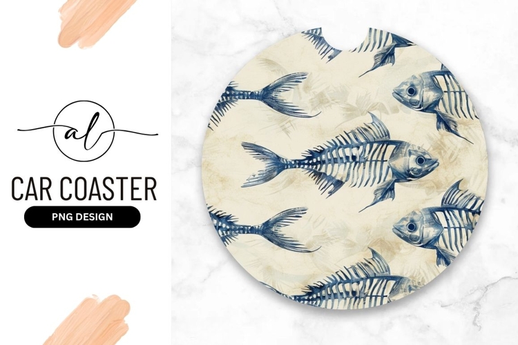 Indigo Fish Skeletons On Round Car Coaster Png