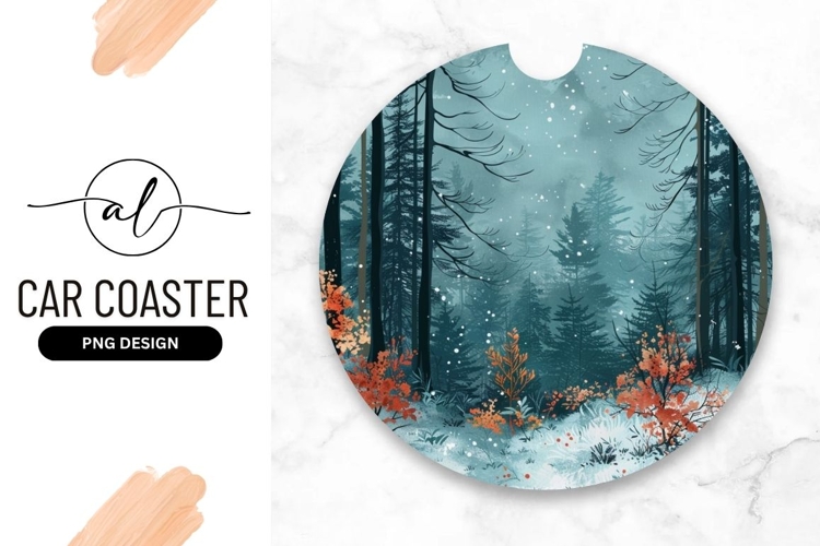 Snowy Winter Forest Round Car Coaster Png