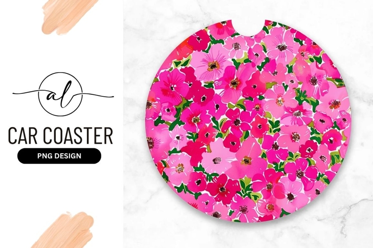 Pink Floral Pattern Round Car Coaster Png