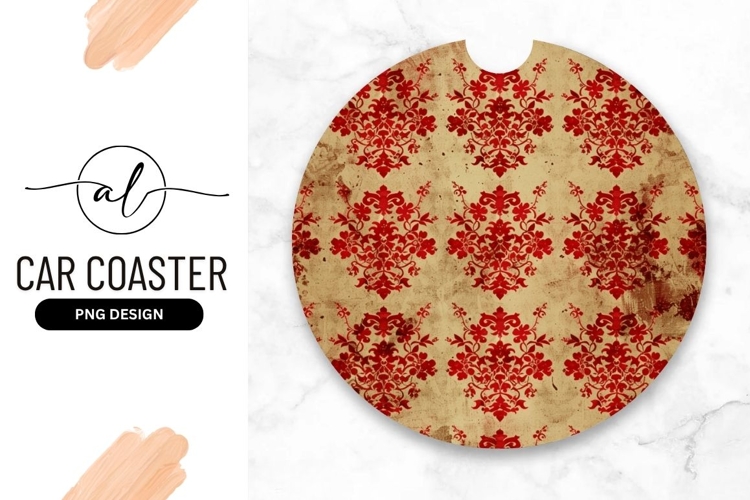 Red Floral Pattern on Round Car Coaster Png