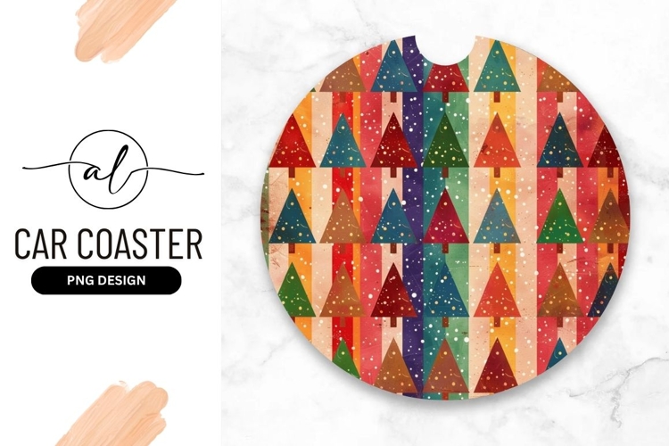 Colorful Christmas Tree Pattern in a Round Car Coaster