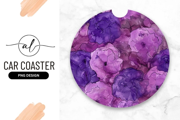 Abstract Floral Design Round Car Coaster Png With Purple
