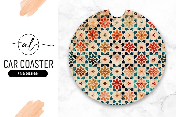 Ornate Floral Round Car Coaster Png With Rustic Aged Texture