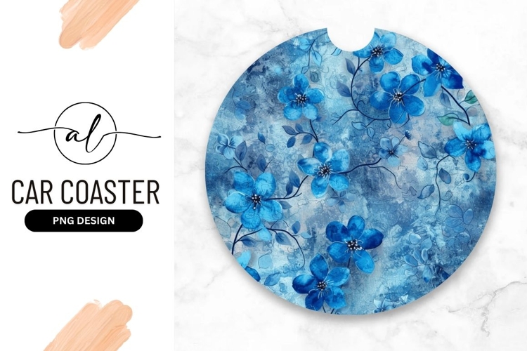 Floral Abstract Pattern Blue Background Round Car Coaster