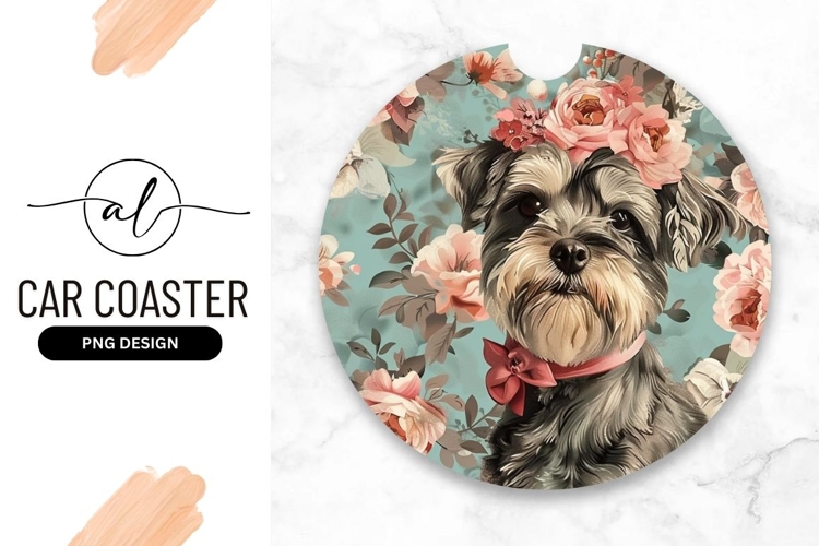 Cute Schnauzer Dog Portrait With Floral Crown And Pink Bow