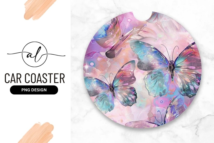 Round Car Coaster Png With Beautiful Butterfly Illustration