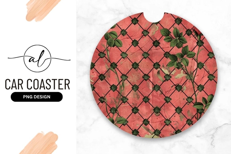 Floral Round Car Coaster Png With Roses And Lattice Design