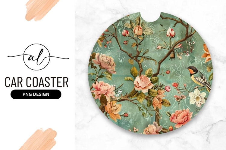 Round Car Coaster Png Featuring Vintage Floral Pattern