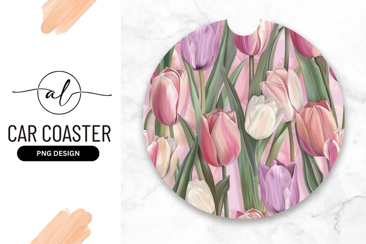 Pastel Tulips Floral Pattern Round Car Coaster Png