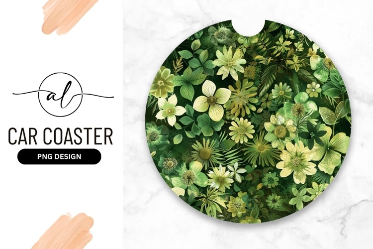 Green Floral Round Car Coaster Design Png