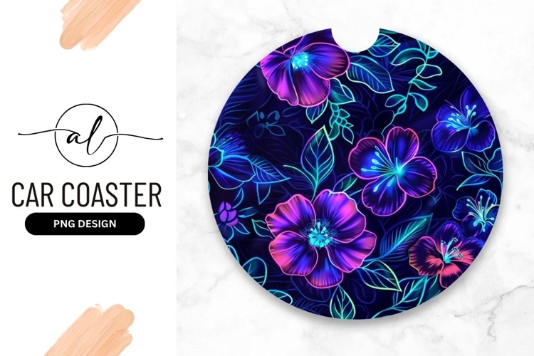 Neon Floral Pattern Round Car Coaster