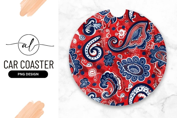Red Blue Paisley Round Car Coaster Png