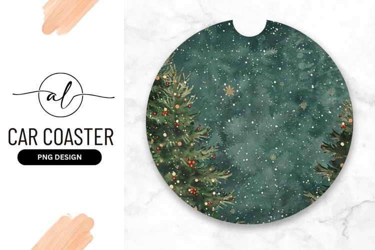 Christmas Trees Watercolor Round Car Coaster Png