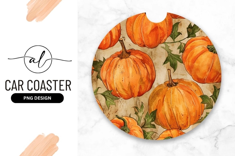 Watercolor Pumpkins With Leaves Round Car Coaster