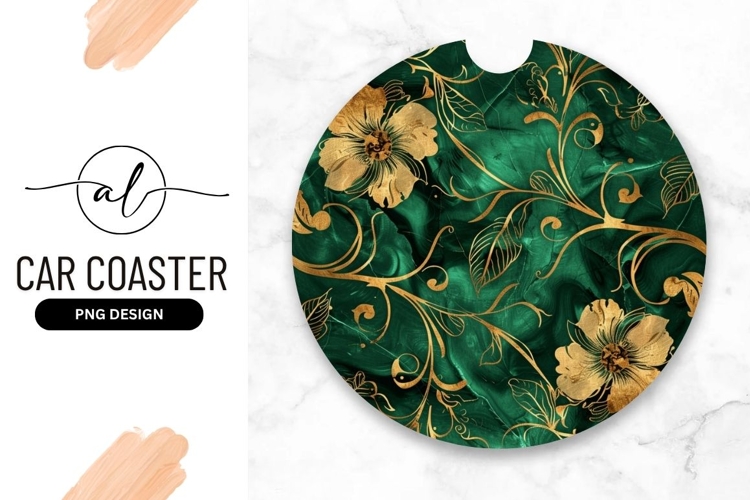 Emerald Gold Floral Round Car Coaster Design