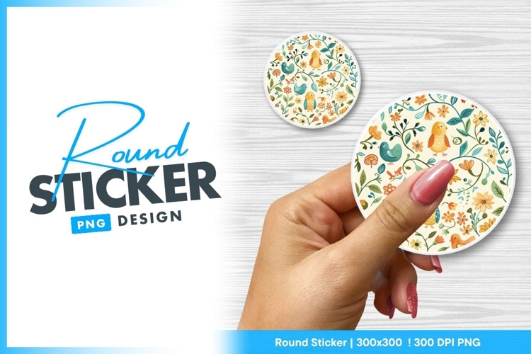 Whimsical Birds Flowers and Foliage Round Sticker Png