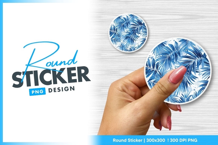 Blue Watercolor Palm Leaf Pattern Round Sticker Png