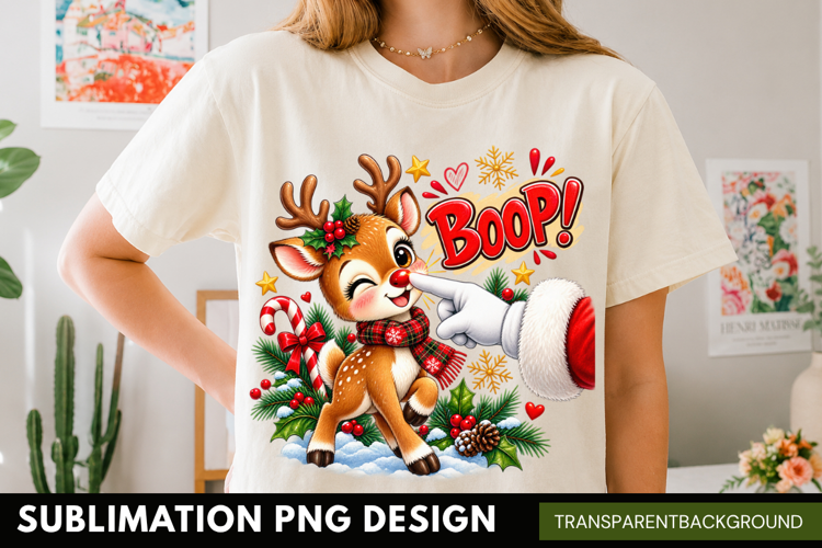 boo-p santa nose, cute reindeer christmas PNG, santa booping