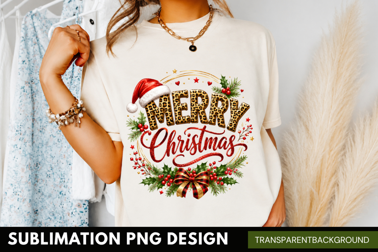 merry christmas PNG, leopard print wreath shirt design