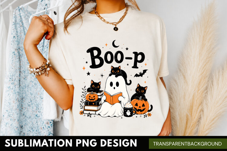 boo-p halloween PNG, cute ghost black cat shirt design example image 1