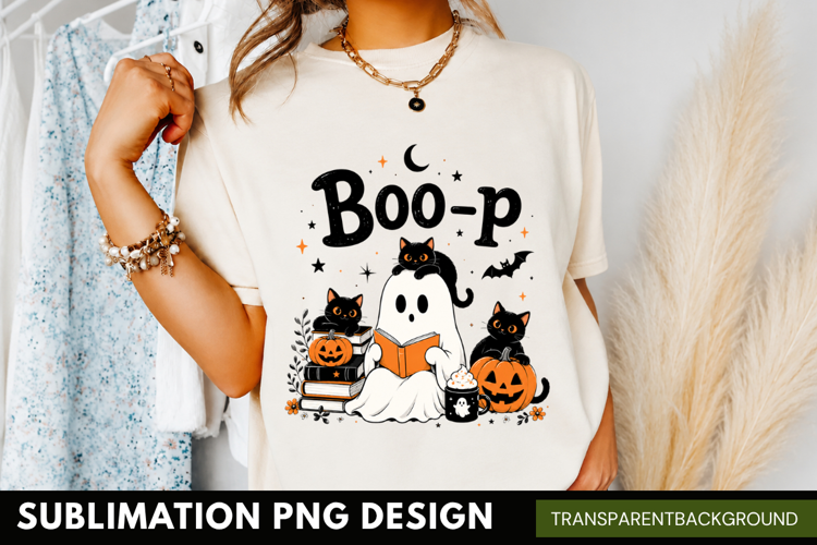 boo-p halloween PNG, cute ghost black cat shirt design