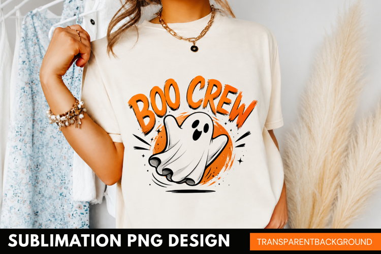 boo crew PNG, cute waving ghost shirt design, spooky hallowe