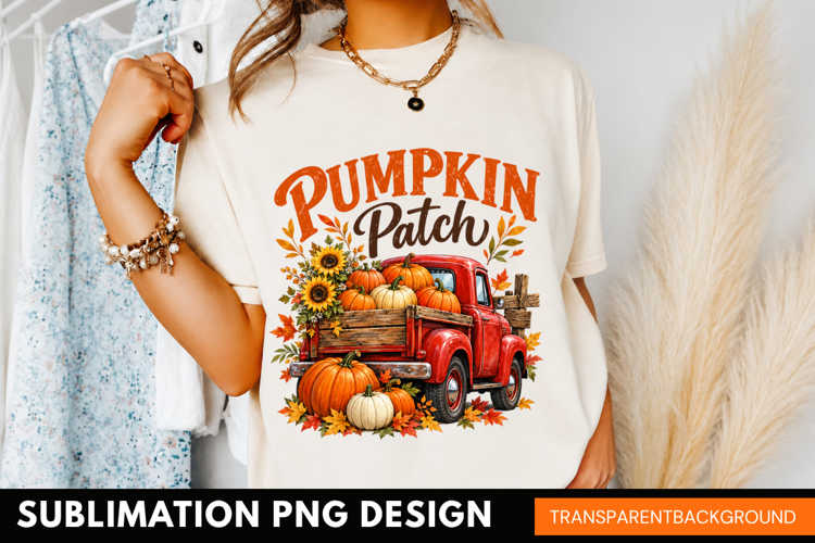 pumpkin patch PNG, vintage red truck shirt design, autumn