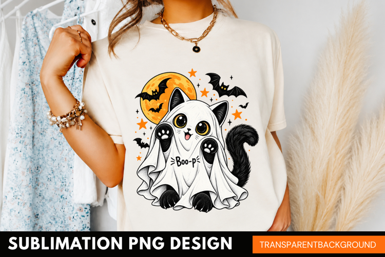 cute cat ghost PNG, black cat halloween shirt design, pumpki