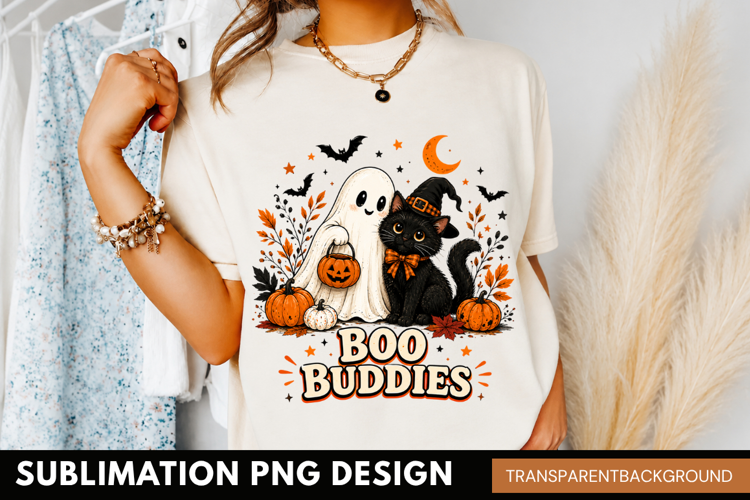 boo buddies PNG, cute ghost black cat shirt design, hallowee