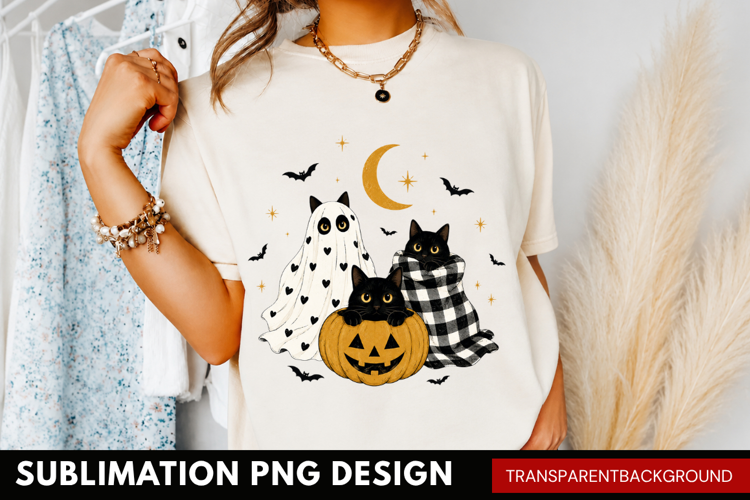 cute black cat PNG, halloween cat and ghost shirt design