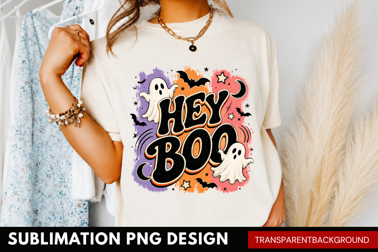 hey boo PNG, cute halloween ghost shirt design, purple spark
