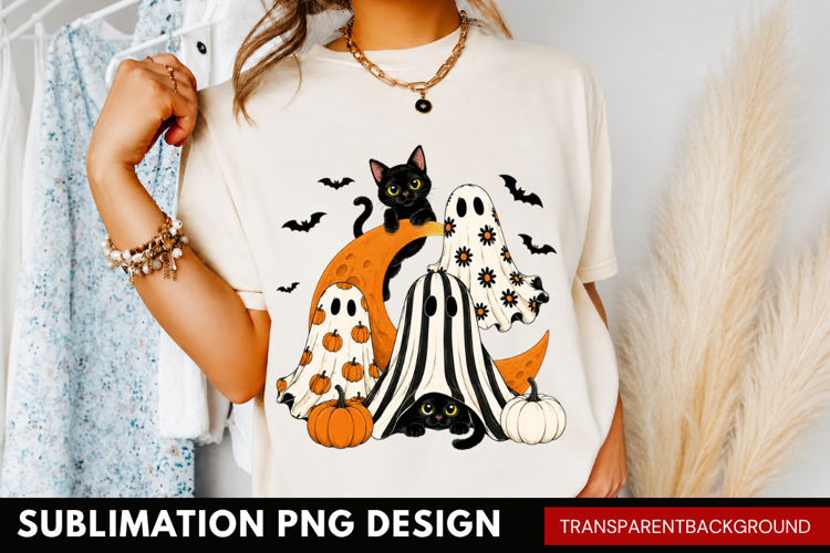 cute black cat ghost PNG, halloween cat sheet ghost shirt