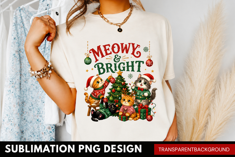 meowy and bright PNG, cute cat christmas shirt design