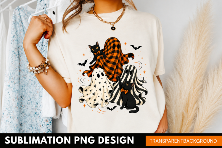 cute black cat ghost PNG, halloween cat sheet ghost shirt