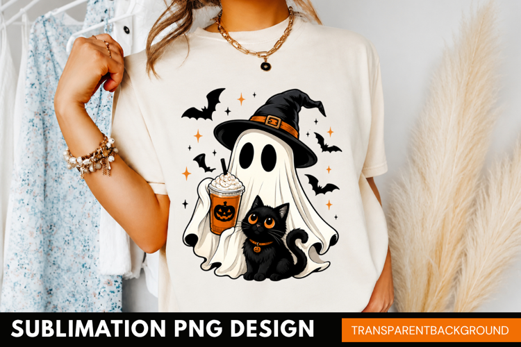 spooky ghost witch PNG, witch hat ghost coffee shirt design