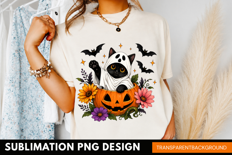 cute cat pumpkin PNG, halloween cat in pumpkin shirt design
