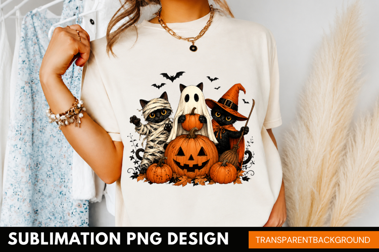 spooky cute halloween cat PNG, cat and ghost pumpkin shirt