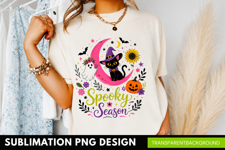 spooky season PNG, cute black cat shirt design, witch hat