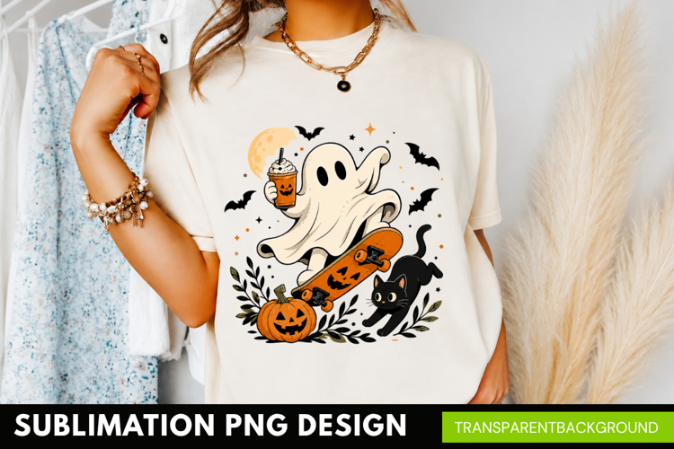 skateboarding ghost PNG, cute halloween ghost shirt design,