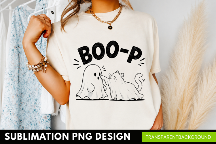 boo-p ghost PNG, cute ghost kitten shirt design, line art