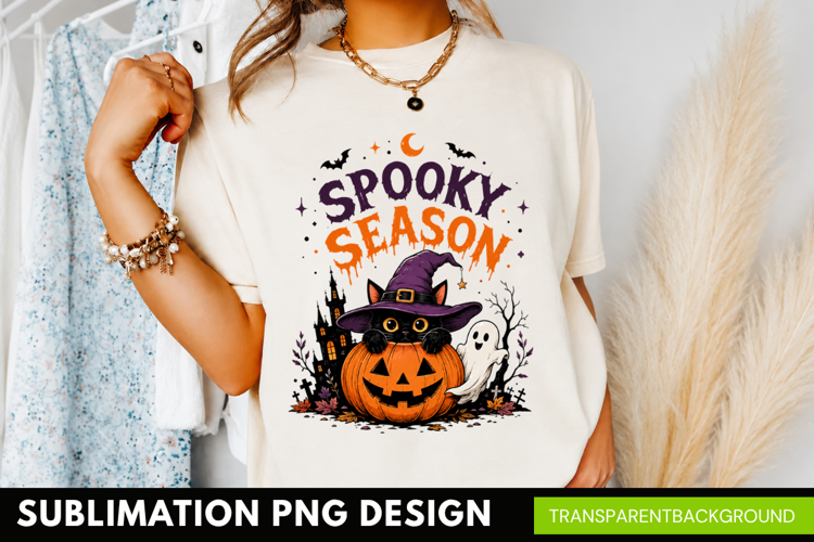 spooky season PNG, cute black cat shirt design, witch hat