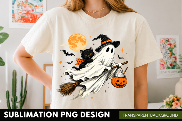 spooky ghost witch PNG, flying broom black cat shirt design